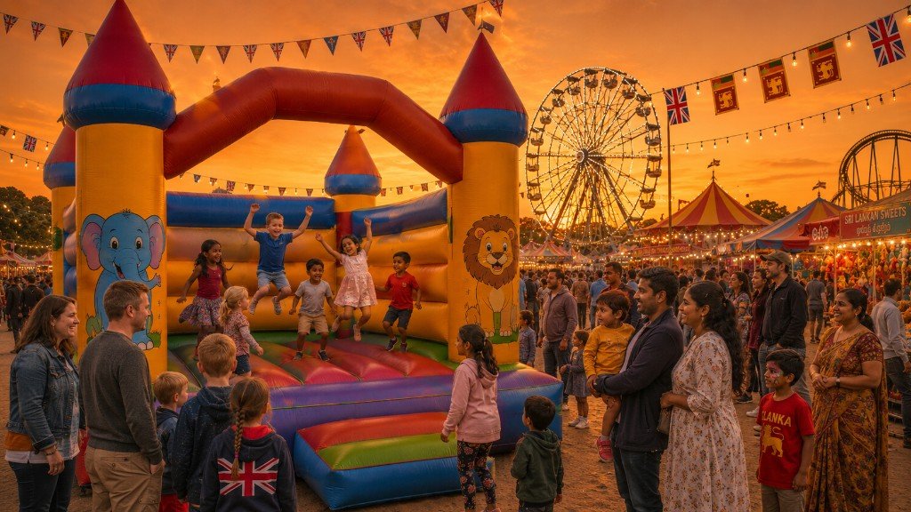 Families and children at a multicultural carnival with a bouncy castle at sunset