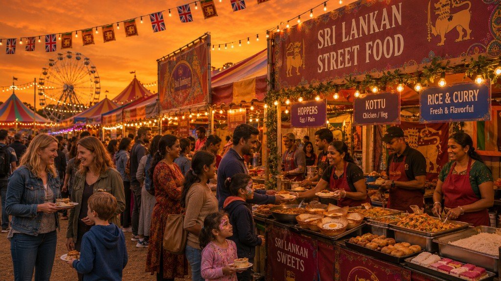 Sri Lankan street food stall serving hoppers and kottu at the carnival